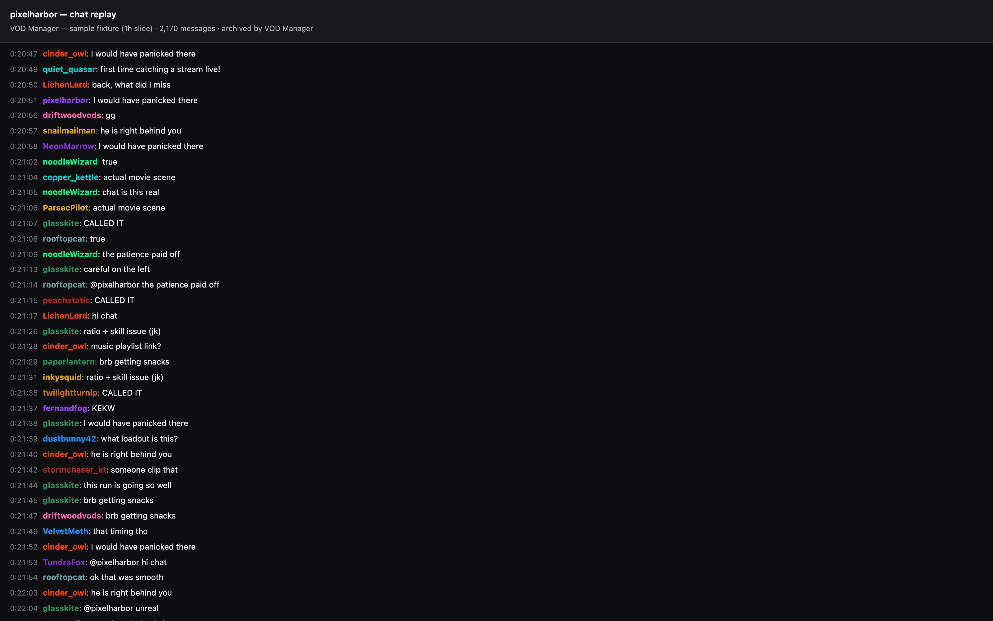 The chat-replay HTML sidecar opened in a plain browser tab — a dark chat log with badges and emotes under an archived-by-VOD-Manager header.