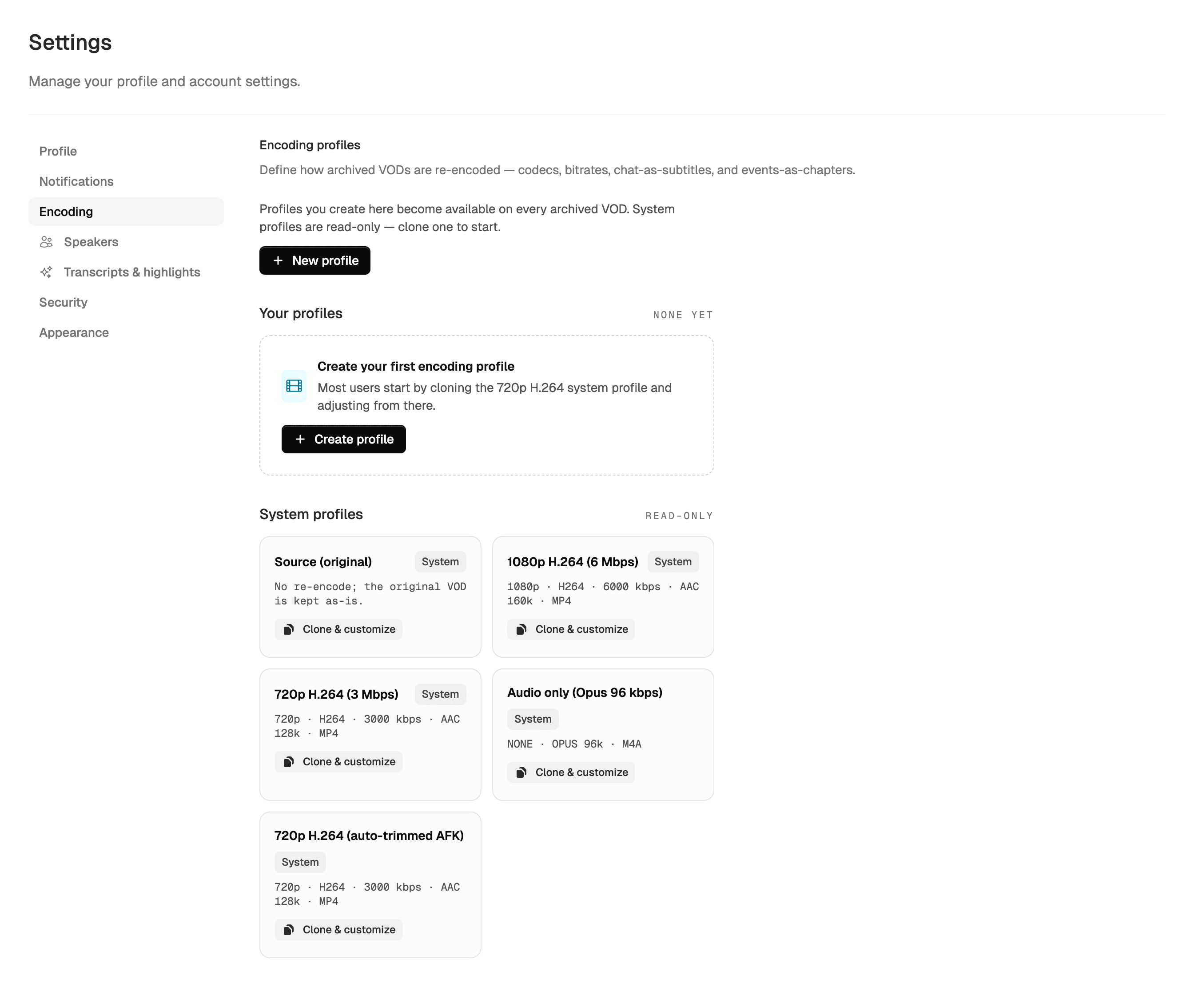The encoding settings page in VOD Manager, listing the system encoding profiles with their codec, resolution, and container details.