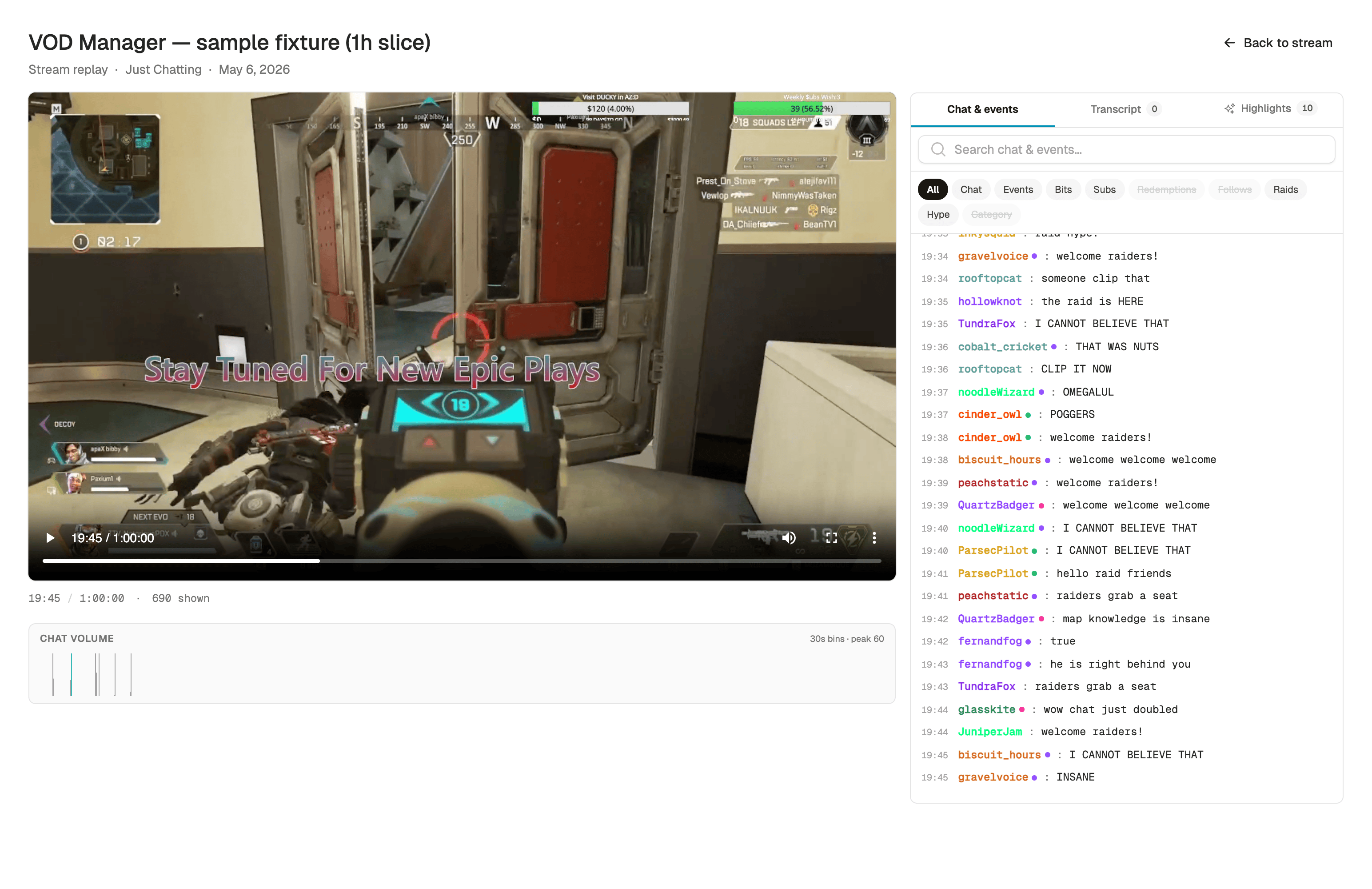 The VOD Manager replay player: video on the left, time-synced chat feed beside it, and the highlights tab open in the sidebar.